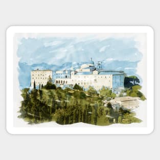 Montecassino Abbey in the Italian Mountains Watercolour Painting Sticker